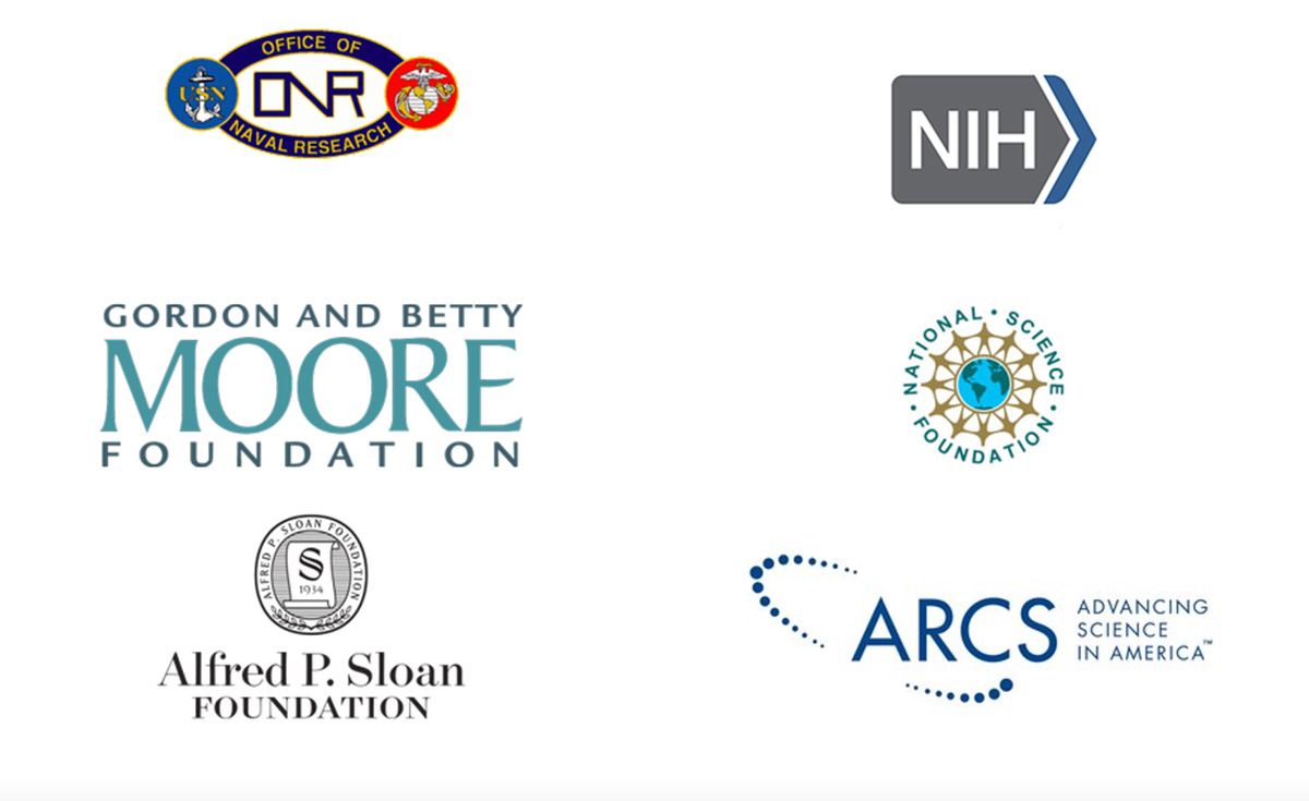 Logos in a 2x3 grid - Office of Naval Research, NIH, Gordon and Betty Moore Foundation, NSF, Alfred P. Sloan Foundation and ARCS